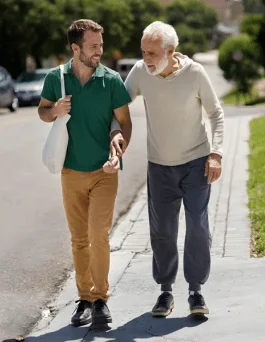 Caregiver walking with senior outdoors